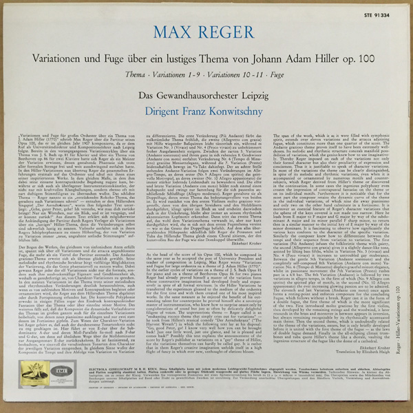 Used Lp Konwitschny Gewandhaus O Reger Variations And Fugue On A