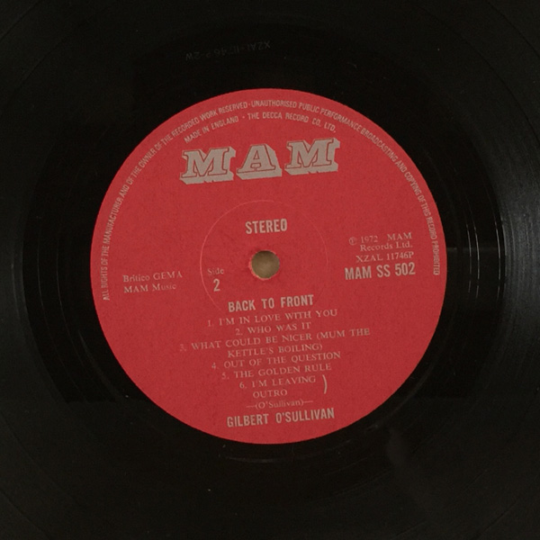 [USED LP]Gilbert O'Sullivan BACK TO FRONT, MAM-SS.502 UK