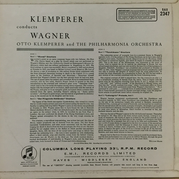 [USED LP]クレンペラー, フィルハーモニアO, ワーグナー名曲集1, 英コロムビアSAX2347